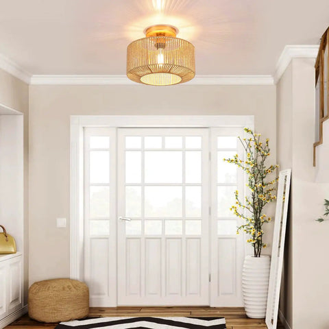 Rattan Ceiling Light Fixture With Woven Wicker Shade in hallway, boho coastal chic chandelier, farmhouse style flush mount