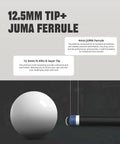 Top Shelf 58 Inch Carbon Fiber Pool Cue Stick Set Offering Dead Nuts Low Deflection Pro Taper Shaft 12.5mm tip and JUMA ferrule detail.