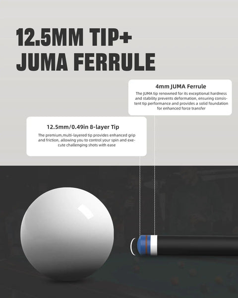 Top Shelf 58 Inch Carbon Fiber Pool Cue Stick Set Offering Dead Nuts Low Deflection Pro Taper Shaft 12.5mm tip and JUMA ferrule detail.