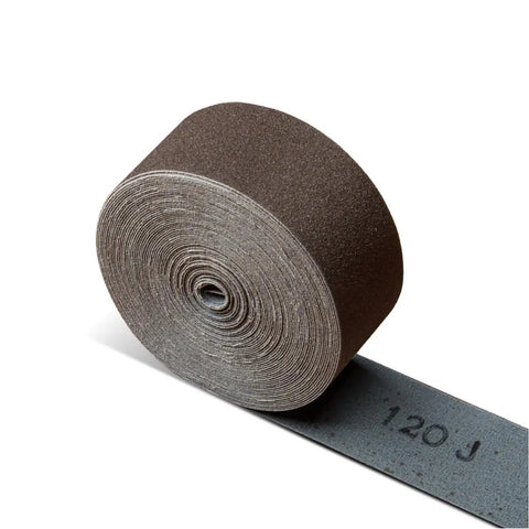 Pro Grade Emery Cloth Sandpaper Roll 120 Grit 1.5 In X 10 Yards Aluminum Oxide Abrasive in rolled form, ideal for metal and woodworking.