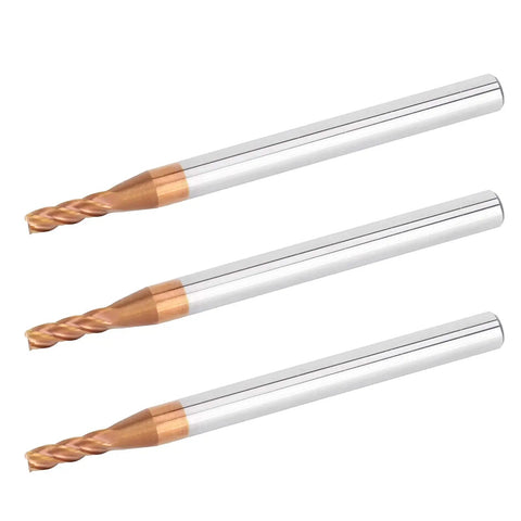 Three Pack Metal End Mills For CNC Milling With Four Flutes Tungsten Steel Router Bits For High Speed Cutting Beefy Tough Durable Micro Grain