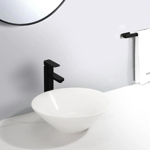 USZWBY Vessel Sinks Bathroom Sink Hotel Apartment Lampshade-Shaped Countertop Art Basin with black faucet and round white bowl.