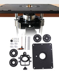 Industrial Grade Aluminum Router Lift System Featuring Fine Micro Adjustment Controls And Rock Solid Base Platform Optimized For Masterful Woodshop Repairs installed on a workbench with accessories.