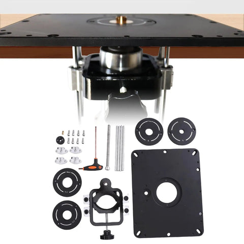 Slick Aluminum Router Lift Kit With Badass Precision Height Tweaks Up To 1/64 Inch and tough insert rings, components setup in workbench.