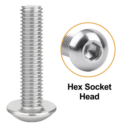 M8 Button Head Socket Cap Screws Kit 16 20 25 30 40mm Lengths 1.25mm Pitch Internal Hex Drive 5mm Allen Includes Washers Nuts Heavy Duty Stainless Steel 304 Bright Finish 135 Piece Set - Close-up of hex socket head.