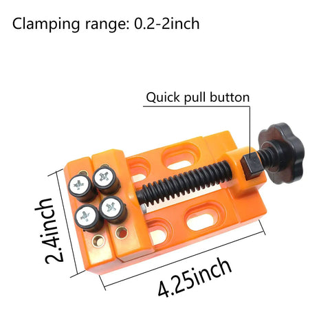 Legit Tight Grip Mini Table Vise With Quick Release ABS Plastic Jaws compact clamp showing size and quick pull button.