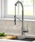 Heavy Duty Stainless Steel Pull Down Kitchen Faucet With Built In Water Filter, sleek design, 19-1/4 inches tall, 360 swivel sprayer.