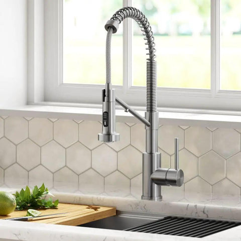 Heavy Duty Stainless Steel Pull Down Kitchen Faucet With Built In Water Filter, sleek design, 19-1/4 inches tall, 360 swivel sprayer.
