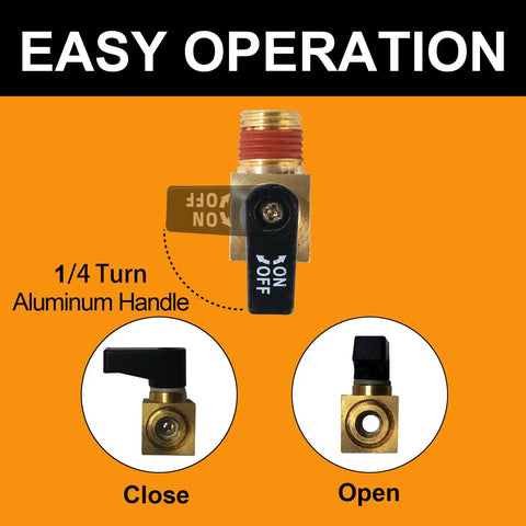 Image showing operation of Five Pack Brass Mini Ball Drain Valves For Air Compressors 1/4 Inch NPT Male, with open and close positions