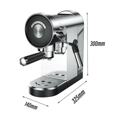 Straight Up Premium 20 Bar Semi Automatic Espresso Machine With Heavy Duty Stainless Steel Milk Frother And Spacious 900ml Water Tank, side view.