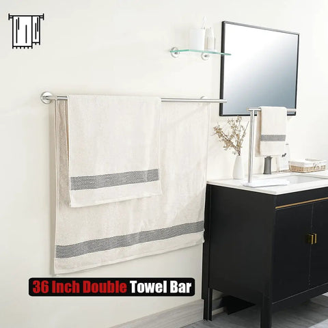 Double Bath Towel Bar 39 Inch Overall Usable 36 Inch, Premium 304 Stainless Steel in bathroom with towels hung