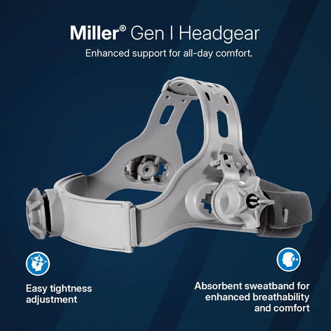 Miller Gen I Headgear for Top Tier Auto Darkening Welding Helmet With Hella ClearLight Hd Optics, adjustable fit for comfort.