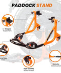Universal Adjustable Rear Paddock Stand For Motorcycle With Swingarm Rest 360 Degree Dismantlable Beefy Heavy Duty Steel With Rustproof Finish