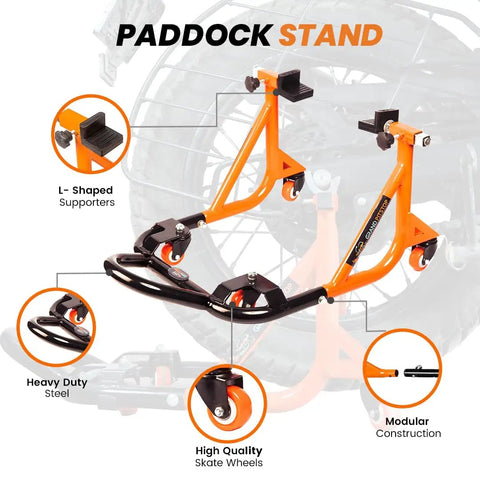 Universal Adjustable Rear Paddock Stand For Motorcycle With Swingarm Rest 360 Degree Dismantlable Beefy Heavy Duty Steel With Rustproof Finish