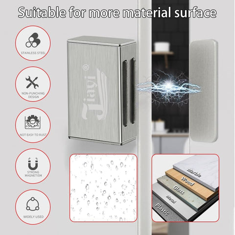 Magnetic Cabinet Catches With Ultra Strong Adhesive No Tools Needed For Quick No Hassle Install On Kitchen Cabinets Cupboards Wardrobes And Drawers Easy Install Self Locking Door Magnets shown with material compatibility and water resistance features