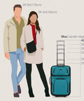 Teal Lightweight Softside Carry On Roller Luggage With 2 Wheels Deluxe Retractable Push Button Self Locking Handle Corner Protected Durable Polyester Build Affordable Travel Set For Easy Airport Navigation shown next to two people for size comparison 42” handle height