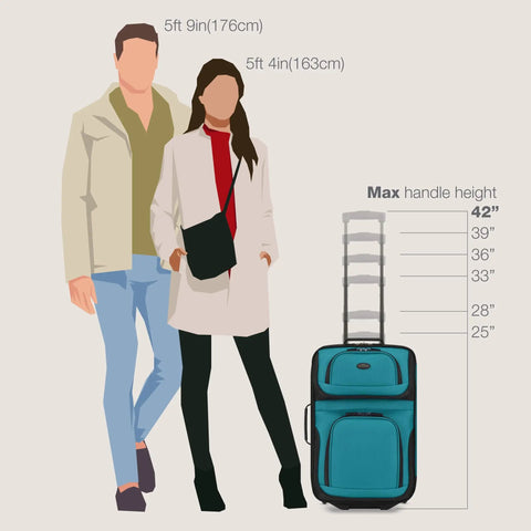 Teal Lightweight Softside Carry On Roller Luggage With 2 Wheels Deluxe Retractable Push Button Self Locking Handle Corner Protected Durable Polyester Build Affordable Travel Set For Easy Airport Navigation shown next to two people for size comparison 42” handle height