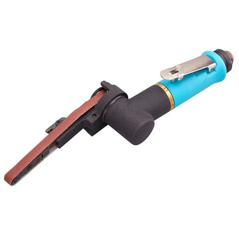 Pneumatic Air Belt Sander With One Quarter Inch Inlet And Three Eighths Inch By Thirteen Inch Belts Includes Twelve Belts In Forty Sixty Eighty And One Twenty Grits For Metal Polishing On Aluminum Iron And Steel Stainless Steel Build Boss Level Tough, side view showing belt and handle