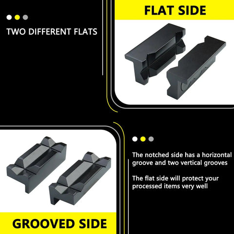 Four Inch Magnetic Vise Jaw Pads Made From Boss Level Billet Aluminum With A Slick Anodized Coating Reversible Drop In Design showing flat and grooved sides.
