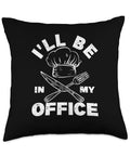 Funny Kitchen Throw Pillow For Chefs And Home Cooks, black polyester pillow with chef hat and cutlery design.