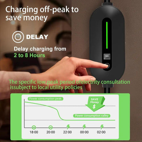 Ultimate Plug And Go Portable EV Charger With Level 1 And 2 Settings showing delay charging feature for savings.