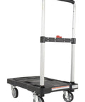Plastic Fold Flat Cart Workhorse With Three Height Adjustable Handle Cushioned Grip Rubber Deck Non Slip Surface 300 Lb Capacity Black