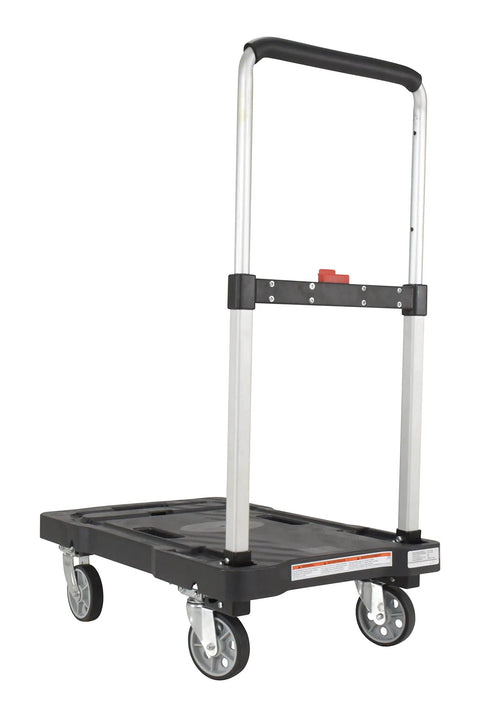 Plastic Fold Flat Cart Workhorse With Three Height Adjustable Handle Cushioned Grip Rubber Deck Non Slip Surface 300 Lb Capacity Black
