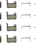 Four Pairs Of Bike Disc Brake Pads Compatible With Shimano Xt Xtr Slx Saint Alfine Ashima APV TRP Dash A01S M06 M07 M07Ti M07S For Solid Stop Power On Street And Trail Rides arranged in a row with clips