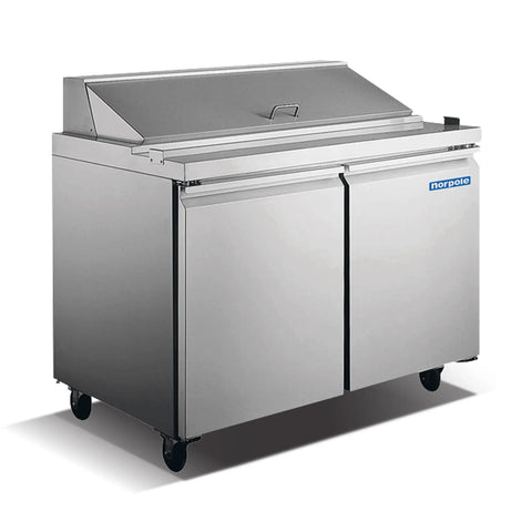Rugged Heavy Duty Workhorse 15 Cubic Foot Commercial Refrigerator In Slick Stainless Steel with dual doors and adjustable shelving.