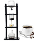Badass Cold Drip Coffee Tower, 1 Liter Slow Drip Brewer With Solid Wood Frame, showcasing glass components and coffee cup.