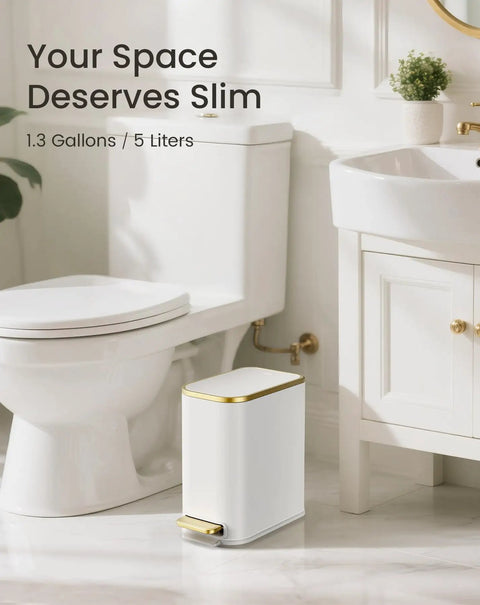 Compact Bathroom Trash Can With Lid And Soft Close, 5 Liter Stainless Steel Slim Waste Basket, White And Gold Trim next to toilet