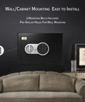 Heavy Duty Steel Money Safe Box With Electronic Digital Keypad And Knob, mounted on wall above sofa, viewed in interior setting