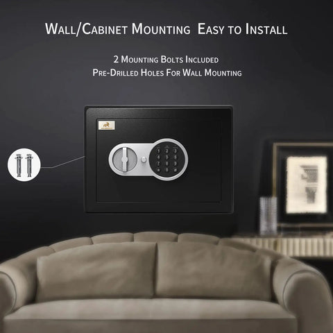 Heavy Duty Steel Money Safe Box With Electronic Digital Keypad And Knob, mounted on wall above sofa, viewed in interior setting
