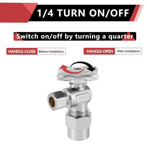 10-Piece Angle Stop Valve Set 1/2 Inch Nominal (5/8 Inch OD) Compression to 3/8 Inch OD, 1/4-Turn Inlet, Lead-Free Brass With Chrome Finish, Ideal for Hot and Cold Water Lines in Bathroom, Kitchen and Shower Plumbing. 1/4-turn chrome angle stop valve
