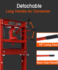 20 Ton Hydraulic Shop Press Heavy Duty H Frame Shop Hog Manual Press for Auto Repair showing detachable long handle and non-slip feature.