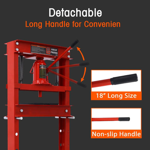 Heavy Duty 20 Ton H Frame Hydraulic Shop Press With Adjustable Height And Dual Guide Rods Crafted For Smooth Operation And Easy Garage Rig Up For Any Auto Repair Job In Bold Red, showing detachable long handle and non-slip grip.