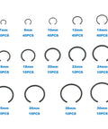Pro Grade 310-Piece Round Wire C Clip Snap Ring Set displayed with sizes 7mm to 30mm, organized by piece count.