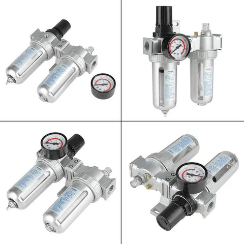 1/2-Inch Air Filter Regulator Lubricator Gauge Kit With Oil Water Separator for Compressed Air Tools, shown in multiple angles.