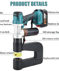 Cordless Hydraulic Hole Puncher With Dual Batteries Heavy Duty Metal Punch Tool showing parts labeled like vents, buttons.