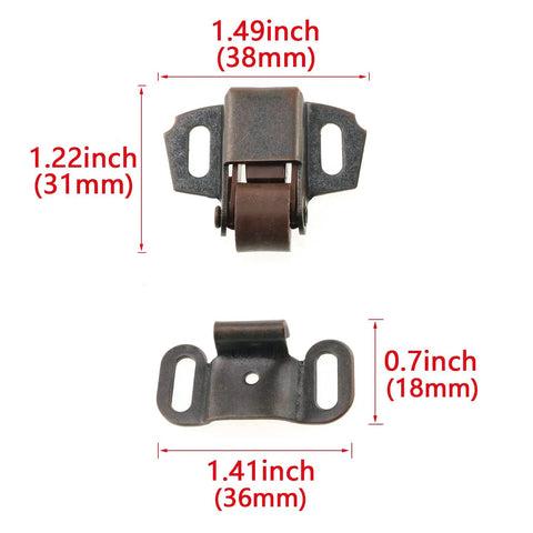 Slick Spring Loaded Roller Cabinet Latch, Beefy Copper Vintage Furniture Catch, sizes 1.49x1.22 inch and 1.41x0.7 inch fittings.