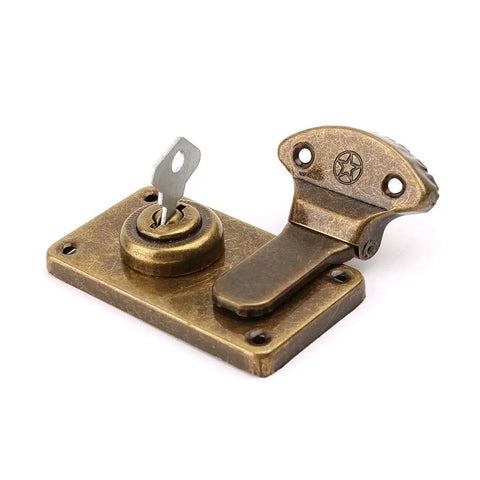 Old School Bronze Tone Leather Suitcase Buckle Box Kit With Vintage Toggle Hasp And Latch For Chests Trunks Wooden Boxes And Trinket Boxes Heavy Duty Hardware For Antique Look showing latch and key detail