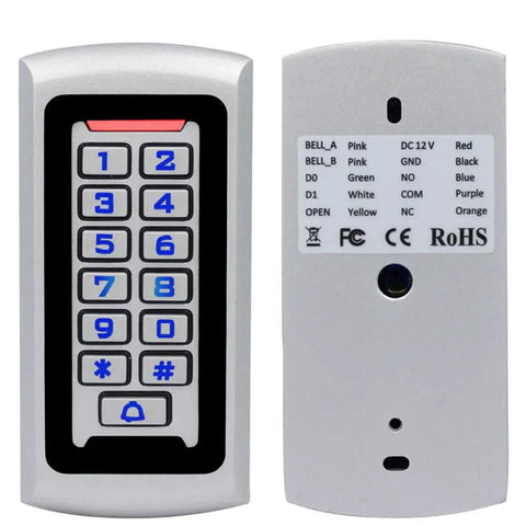 Front and back view of the Waterproof Standalone Access Control Keypad With Metal RFID Card Reader For Door And Gate Entry 2000 User Capacity