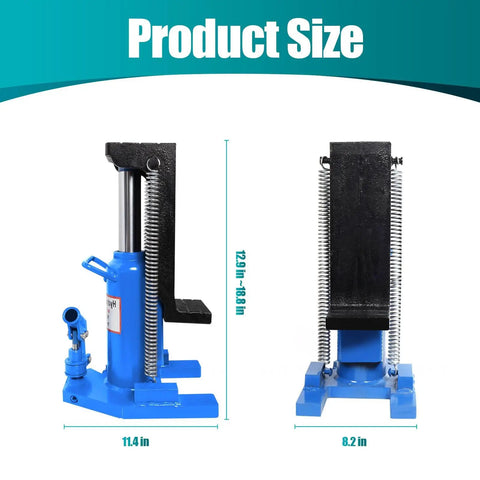 Solid As Rock Heavy Duty Hydraulic Toe Jack dimensions shown, 11.4in x 8.2in base, 12in-18in lift height, heat treated steel design.