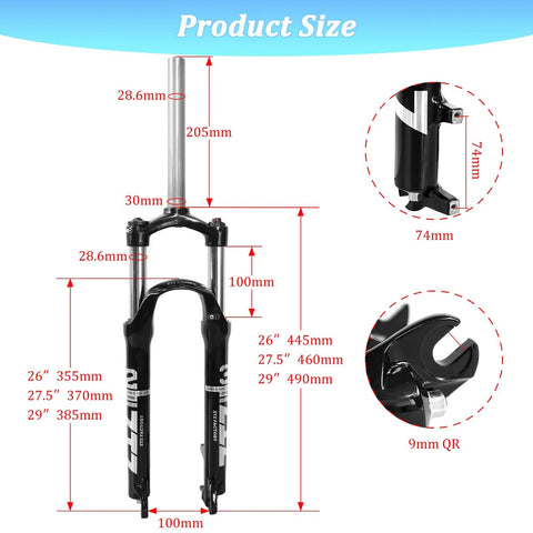 Beefy 100mm Travel Mountain Bike Front Fork For 26, 27.5, And 29 Inch Wheels With measurements and 9mm Quick Release
