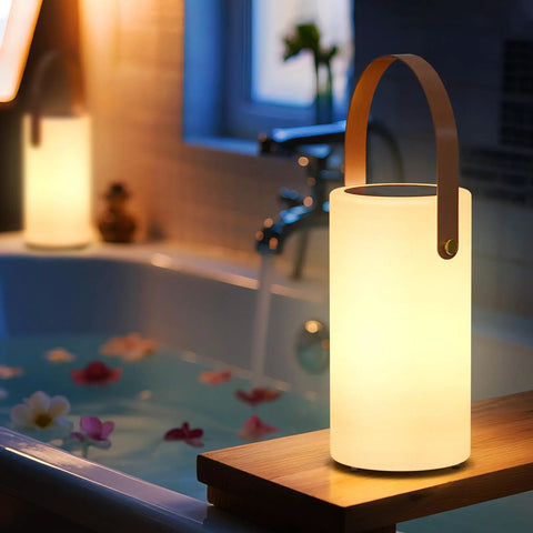 Solar Lantern Table Lamp 2 In 1 Portable USB Rechargeable LED Cordless Light With Remote Control 8 Color Options Waterproof IP44 in bathroom
