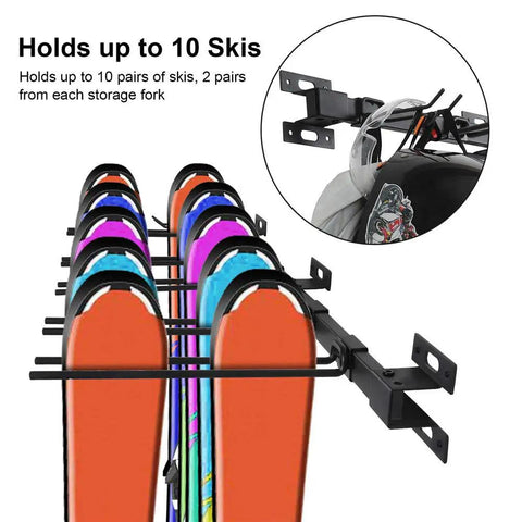 Heavy Duty Garage Ski Storage Rack Wall Mount Holds Up To 10 Pairs Of Skis And Snowboards, 200 Lb Capacity, shown with skis