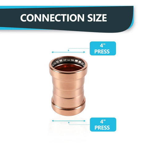 5 Pack 4 Inch Press Fit Copper Xl Coupling With Stop Dead Straight Fit Leak Proof Plumbing Parts For Copper Pipe Built Heavy Duty Corrosion Resistant No Sweat Install Locks Down Tight Reliable, showing 4 inch size.