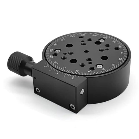 R Axis Manual Rotation Stage with 100mm Fine Tuning Optical Sliding Stage, 360° rotation, aluminum alloy, black anodized body, side view.