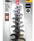 10 Piece 3/8 Inch Drive Flare Nut SAE Wrench Set Built Tough for Softer Nuts, Hex Head Design, packaged set view