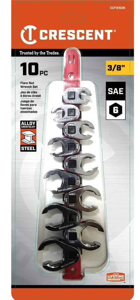 10 Piece 3/8 Inch Drive Flare Nut SAE Wrench Set Built Tough for Softer Nuts, Hex Head Design, packaged set view